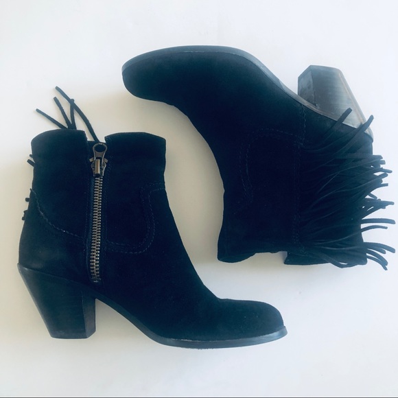 Sam Edelman Louie Black Suede Ankle Zip Bootie Fringe Western - Picture 2 of 9